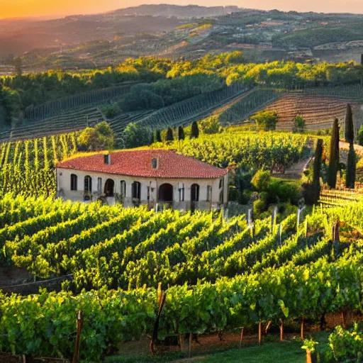 Image similar to big italian villa wine yard on top of hill sunset