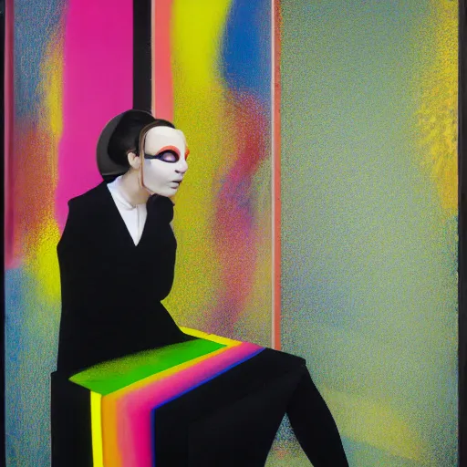 Image similar to portrait of a morphed harlequin sitting on a stool looking into a mirror doing makeup by james jean and luc tuymans and beeple and hernan bas and pat steir and hilma af klint, psychological, 3 d, dripping paint, high quality render, masterpiece