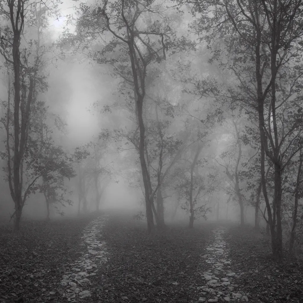 Image similar to path made of skulls, fog, moonlight, scary humanoid standing in the middle