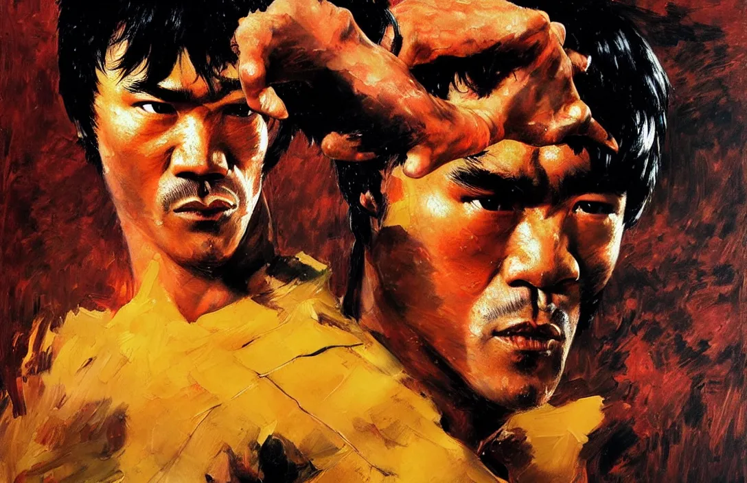 Image similar to portrait of bruce lee!!!!!!!!!!!!!!!!!!!!!!!!!!!, detailed face, detailed painting, epic lighting, by ilya repin, phil hale and kent williams