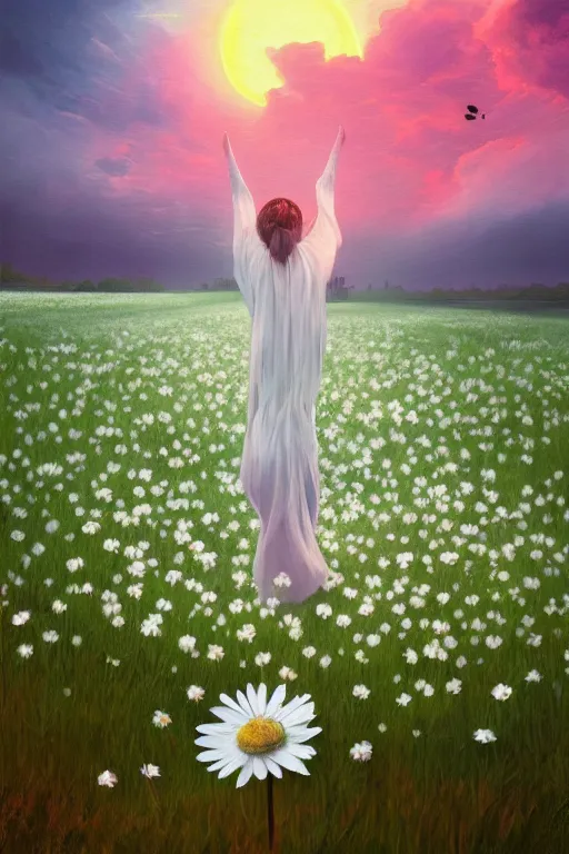 Image similar to veil of giant white daisy flower as head, girl dancing in a flower field, surreal photography, sunrise, dramatic light, impressionist painting, colorful clouds, digital painting, artstation, simon stalenhag