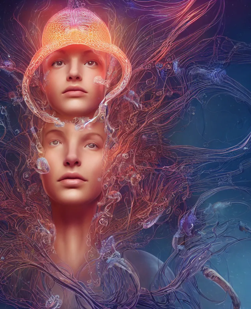 Image similar to close-up macro portrait of the face of a beautiful princess, epic angle and pose, symmetrical artwork, 3d with depth of field, blurred background, cybernetic jellyfish female face skull phoenix bird, translucent, nautilus, energy flows of water and fire. a highly detailed epic cinematic concept art CG render. made in Maya, Blender and Photoshop, octane render, excellent composition, cinematic dystopian brutalist atmosphere, dynamic dramatic cinematic lighting, aesthetic, very inspirational, arthouse. y Greg Rutkowski, Ilya Kuvshinov, WLOP, Stanley Artgerm Lau, Ruan Jia and Fenghua Zhong