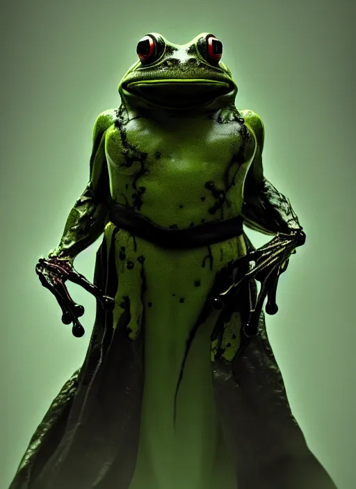 Prompt: character design, biomechanical frog, tattered robe and hood, green lightning, fog, scary, arrogant, hostile, photorealistic, cinematic, hyper realistic, octane render, 8 k, wide angle