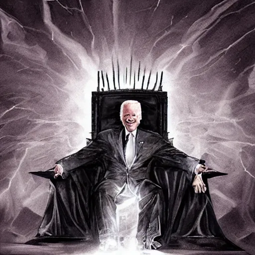 Prompt: joe biden sitting on a throne in a dark evil room with a cloak obscuring his eyes, evil grin, horror, terrifying artwork