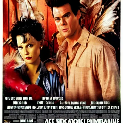 Image similar to a film poster of ace ventura with Nicola cage, realism, film grain