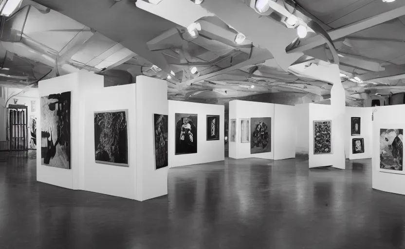 Prompt: an exhibition space, with ethnographic objects on display, 6 0 s, offset lithography, realistic, black and white, 8 k