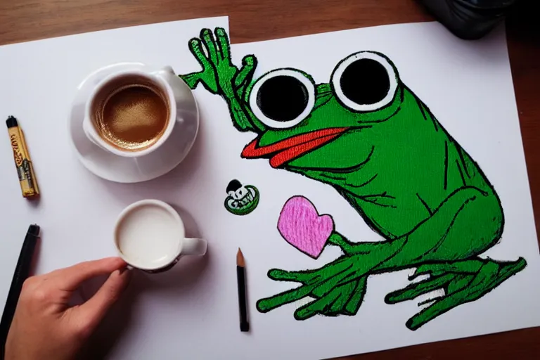Prompt: punk girl on a date with pepe! the frog! drinking coffee, studio photo, highly detailed, 8 k, natural lighting