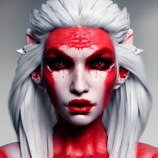 Image similar to a highly detailed portrait of a humanoid demon girl with white hair, red horns, in white clothes, artstation, deviantart, professional, unreal engine 5, photorealistic