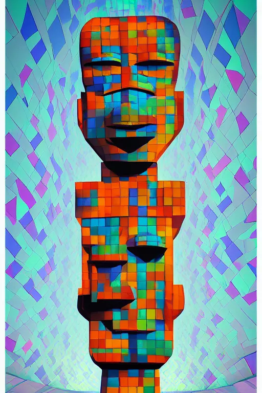Image similar to cubist moai statue cutout digital illustration cartoon colorful beeple