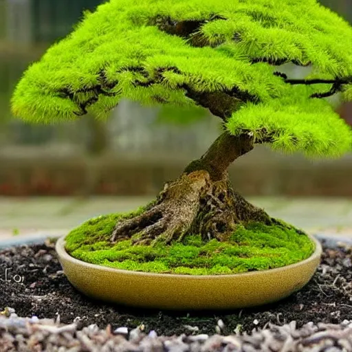 Prompt: a photo of japanese moss ball bonsai planter