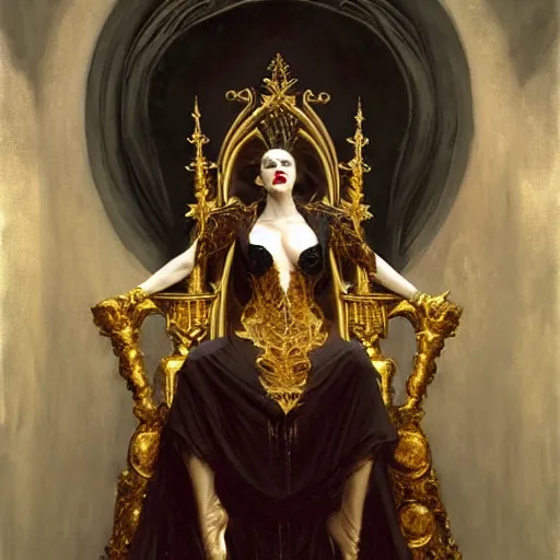 Prompt: perfectly centered portrait of beautiful vampire queen in gold gothic robe sitting on a throne of white bones, painting by gaston bussiere, craig mullins, j. c. leyendecker, 8 k, mid shot