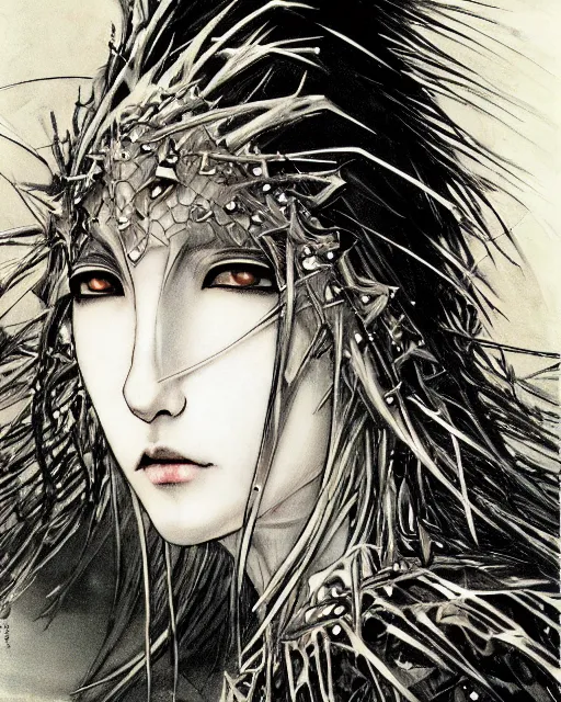 Image similar to Yoshitaka Amano realistic illustration of an anime girl with wavy white hair and cracks on her face wearing spiky crown and Elden ring armor with the cape fluttering in the wind, abstract black and white patterns on the background, noisy film grain effect, highly detailed, Renaissance oil painting, weird portrait angle
