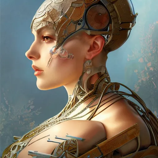 Image similar to AI Robot, D&D, fantasy, intricate, elegant, highly detailed, digital painting, artstation, concept art, smooth, sharp focus, illustration, art by artgerm and greg rutkowski and alphonse mucha