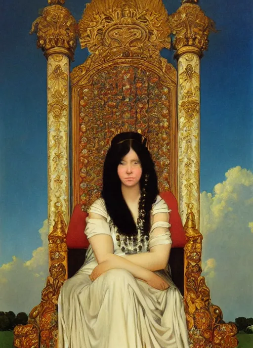 Prompt: an oil painting a queen with dark hair and white fair skin on a throne by maxfield parrish, highly detailed, realistic, realism, manierism, oil painting, wide shot