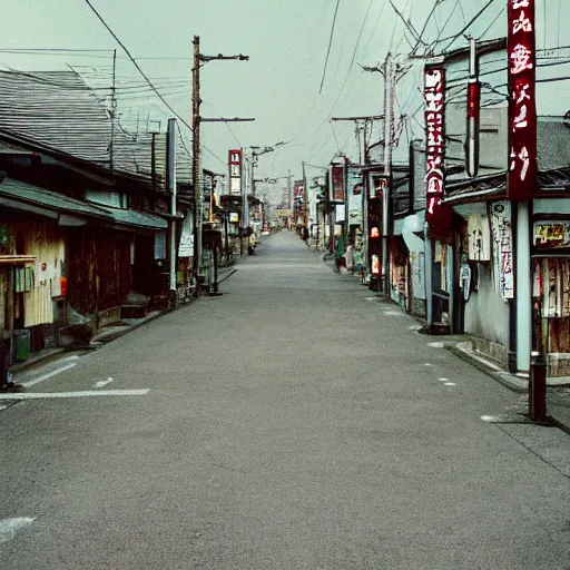 Image similar to a 90s grainy photograph of a japanese town, afternoon