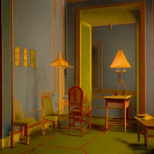 Prompt: twins in an soviet golden liminal abandoned room, film still by wes anderson, depicted by balthus, limited color palette, very intricate, art nouveau, highly detailed, lights by hopper, soft pastel colors