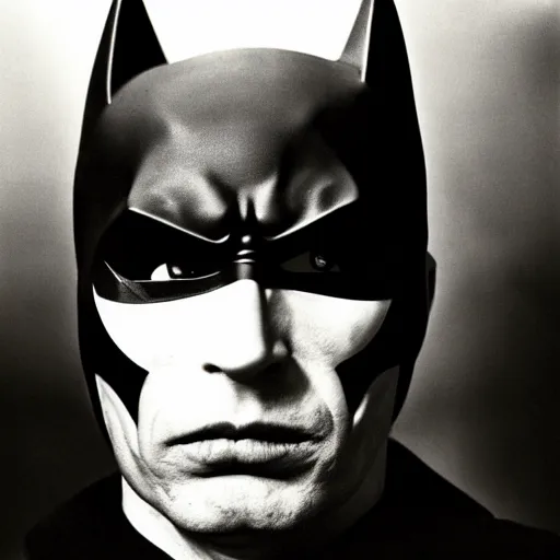 Prompt: portrait of Batman by Diane Arbus, 50mm, black and white