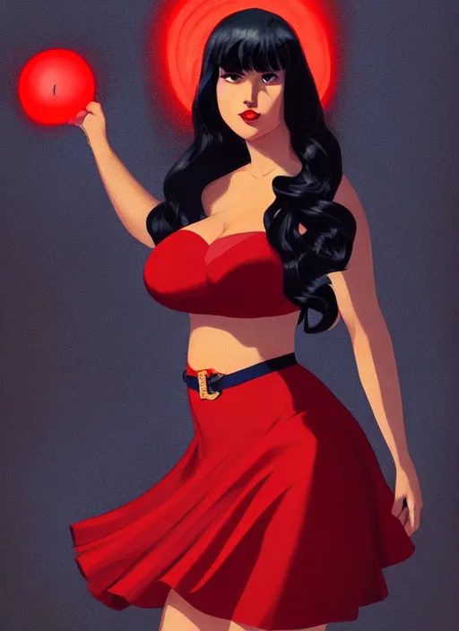 Image similar to full body portrait of teenage veronica lodge, obese, bangs, sultry, realistic, sultry smirk, wavy hair, red skirt, fat, belly, intricate, elegant, glowing lights, highly detailed, digital painting, artstation, concept art, smooth, sharp focus, illustration, art by wlop, mars ravelo and greg rutkowski