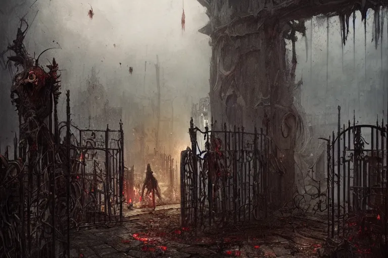 Image similar to Zombie madness ensues while being gatekept behind jagged metal fencing, illustrated by Greg Rutkowski and Gaston Bussiere, foreboding and eerie lighting, concerning mood, intricate, photorealistic imagery, smooth lighting, vignette, grain effect, bloom effect, trending on artstation, 4k, 8k