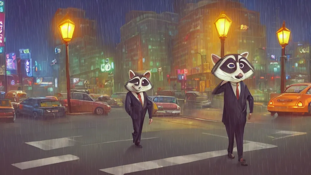 Prompt: A cute anthropomorphic raccoon businessman is walking down a busy crosswalk at in the rain at night, warm lighting with an orange glow blanketing the cityscape from the city lights, zootopia, other anthropomorphic characters are walking by him, extremely detailed, HDR, sideview, solemn and moody, many cars and animal people in the background, detailed face and eyes, large eyes with visible pupils, the road is wet with many rain puddles, reflections from the water on the ground, he is carrying a black briefcase