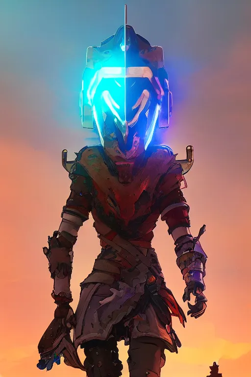 Image similar to combination suit armor aloy horizon forbidden west horizon zero dawn radiating a glowing aura global illumination ray tracing hdr fanart arstation by ian pesty and alena aenami artworks in 4 k tribal robot ninja mask helmet backpack