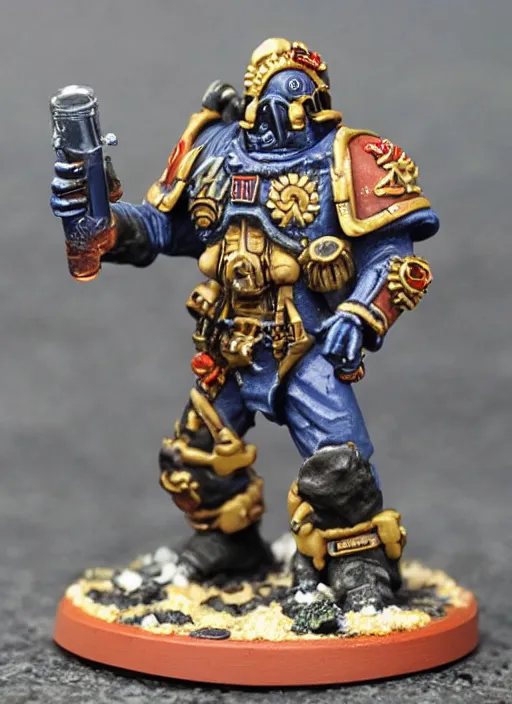 Image similar to 8 0 mm resin detailed miniature of a warhammer 4 0 k marine drinking beer and eating pizza, product introduction photos, 4 k, full body,