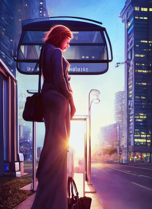 Prompt: a beautiful woman stands at a bus stop in the early morning, calls on the phone, around the city, the road, sharp focus, 8 k high definition, insanely detailed, intricate, elegant, art by stanley lau and artgerm, floating embers