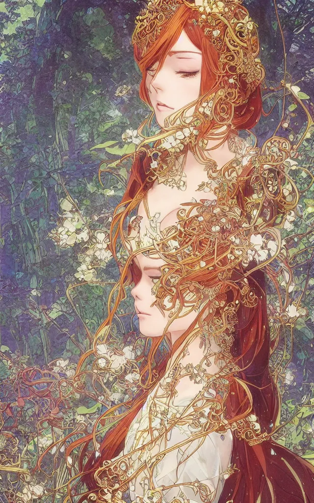 Prompt: anime key visual of amora the enchantress wearing intricate ornate kimono!! intricate, ginger, magical forest, stunning, highly detailed, digital painting, artstation, smooth, hard focus, illustration, art by artgerm and greg rutkowski and alphonse mucha