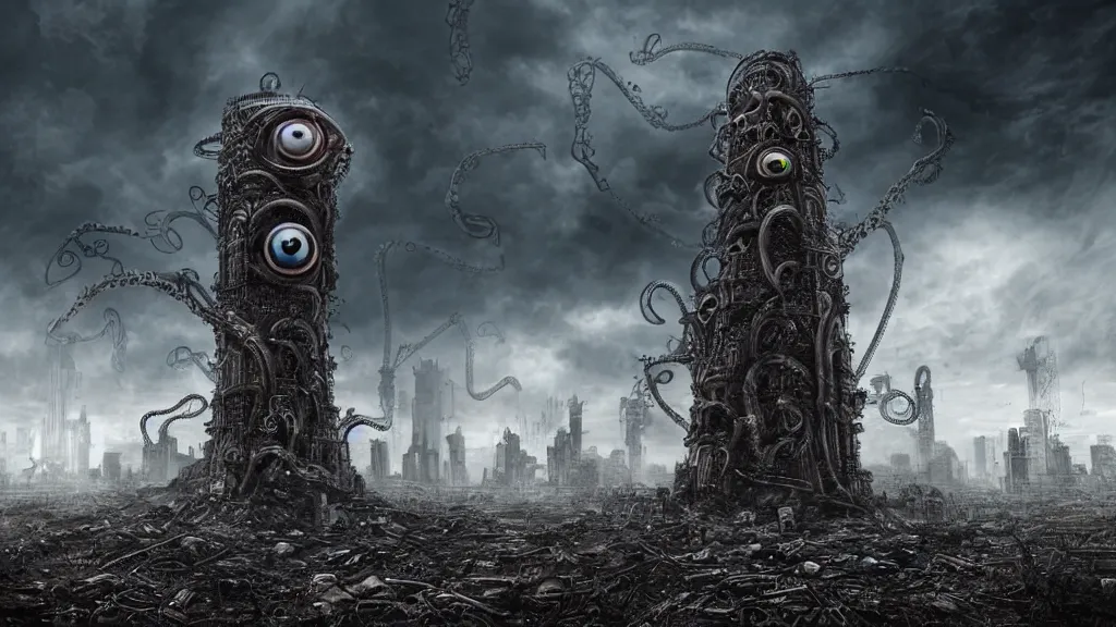 Image similar to A tower with an Eyeball at the top, BioMechanical like Giger, with tentacles coming out, looking over a stormy post-apocalyptic wasteland, dystopian art, wide lens