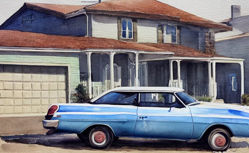 Image similar to a watercolor painting of a chevrolet opala parked near a 1 9 0 0 s house, digital painting, masterpiece, hyperrealistic, concept art, trending on deviantart, highly detailed, high quality, 4 k, symmetrical, low contrast, watercolor, warm, soft lighting, path traced, godrays, vintage, soft colors