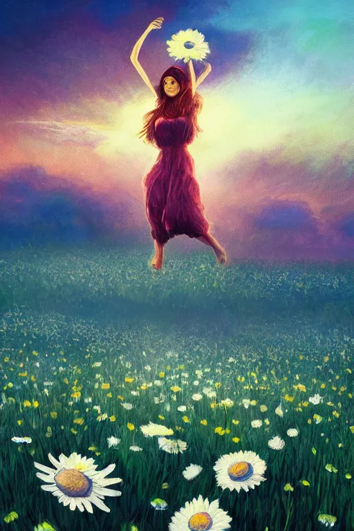 Prompt: giant white daisy flower on head, girl dancing in a flower field, surreal photography, sunrise, dramatic light, impressionist painting, colorful clouds, digital painting, artstation, simon stalenhag