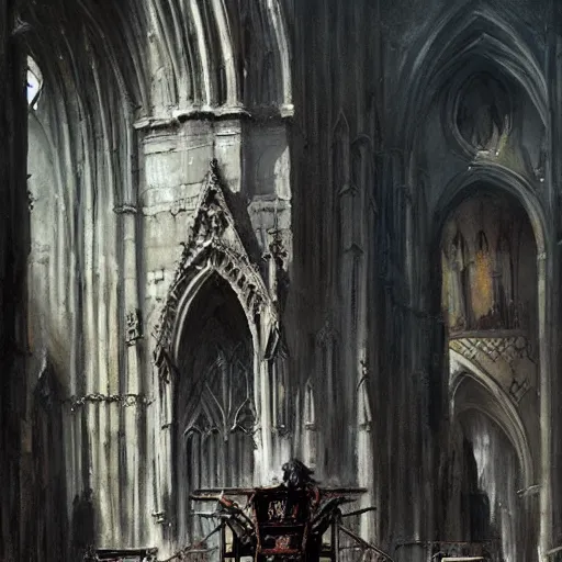 Image similar to Skeleton King wearing ragged clothes resting on a throne inside a cathedral, old castle, oil painting, by Fernanda Suarez and Greg Rutkowski