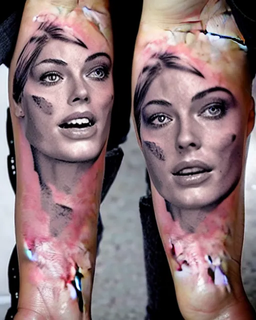 Image similar to creative double exposure effect tattoo design sketch of margot robbie face blended in beautiful mountain scenery, realism tattoo, in the style of matteo pasqualin, amazing detail, sharp