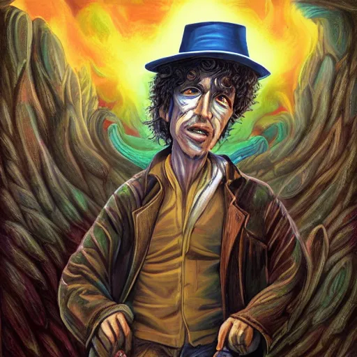 Prompt: illustration image for bob dylan as a magic the gathering creature, highly detailed, fantasy, cartoon style, painting