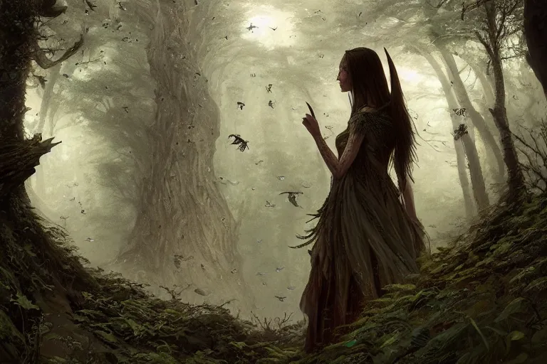 Image similar to detailed intricate digital illustration by greg rutkowski and david friedrich and ruan jia and fenghua zhong and steven belledi ; portrait of fairy girl standing in gothic fantasy valley and forest faerie fey unseelie in background ; 1 3 mm film, arri alfa anamorphic lens ; sharp focus, eventide, fireflies ; trending on artstation 8 k