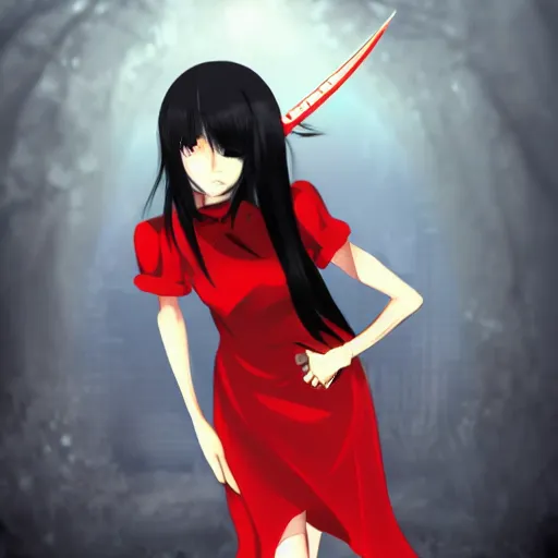 Image similar to a girl with black hair wearing a red dress, she is holding a knife, anime art, smooth, scary atmosphere, hd