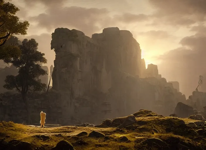 Image similar to a land of ruins of lost civilization with a fort in the middle, golden pillars, water tunnels below and a time gate to another dimension, a wounded man wearing a white robe standing watching over, dramatic lighting, dawn, by caspar david friedrich, unreal engine 5