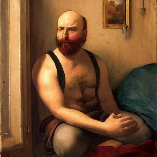 Image similar to a middle aged balding man with a full short beard in a tiny hotel room, depressed, stressed, extremely drunk and surrounded by empty beer cans. Renaissance oil painting.