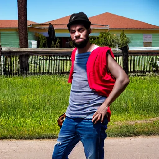 Image similar to Young man standing looking to the right in a red bandana, blue striped shirt, gray vest and a gun with a partly cloudy sky in the background. The young man is standing in front of an iron fence. Photograph. Real life