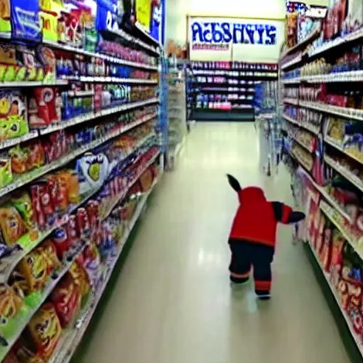 Image similar to security camera footage of a sports mascot knocking items off the shelves in a convenience store