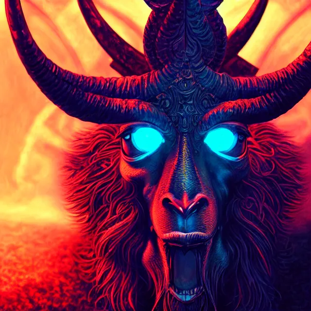 Prompt: Beautiful closeup portrait 3d render of the illuminati Baphomet, face portrait, atmospheric lighting, painted, intricate, volumetric lighting, beautiful, rich deep colors masterpiece, sharp focus, ultra detailed, in the style of Dan Mumford and marc simonetti, with a crowded futuristic cyberpunk city in the background, astrophotography