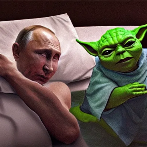 Image similar to putin sleeping in bed next to yoda