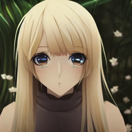 Image similar to a beautiful blond anime girl made from plants, full body shot, symmetrical face, 8 k, shallow depth of field, moody lighting, cinematic lighting,