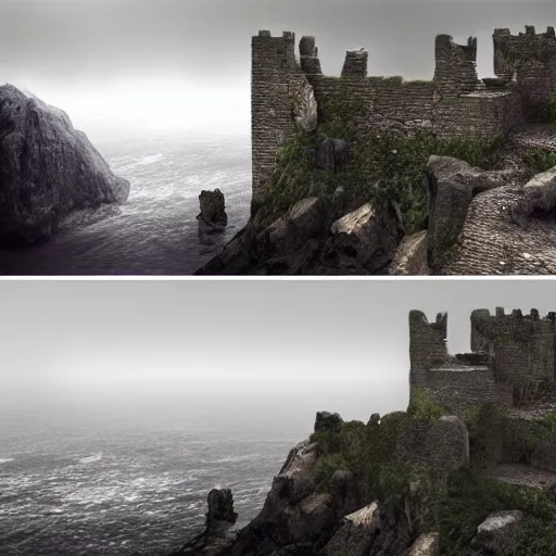 Prompt: single stone medieval castle tower on a cliff side with massive cloth draped from the castle tower, highly detailed fog, rain, moody, low key, surrounded by cliffs, hills and ocean, wide shot, trending on artstation, concept art, beautiful