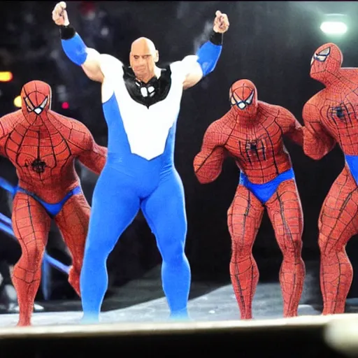 Image similar to dwayne johnson smackdown entrances wearing spiderman costumes, camera angle