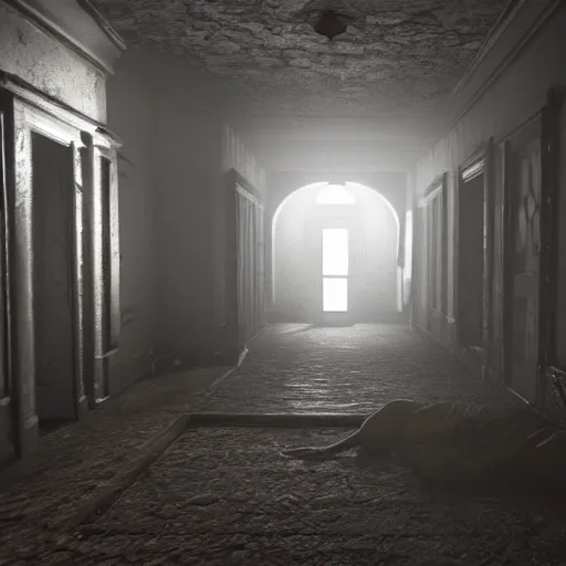 Image similar to walking through the inside of a haunted asylum, detailed, cinematic, unreal engine