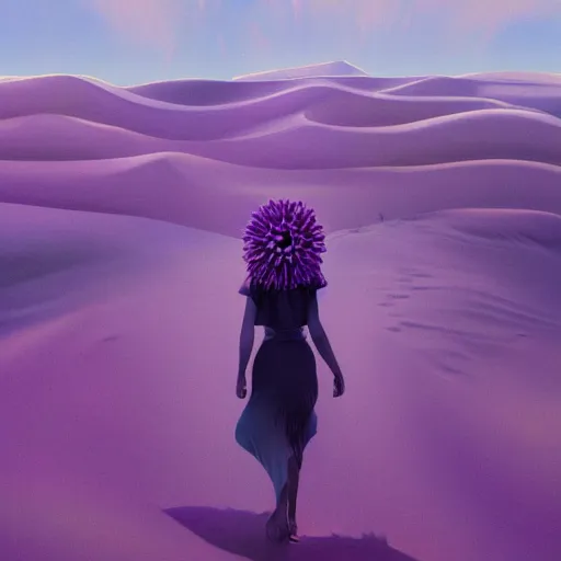 Image similar to portrait, giant purple dahlia flower head, girl walking between dunes, surreal photography, sunrise, blue sky, dramatic light, impressionist painting, digital painting, artstation, simon stalenhag