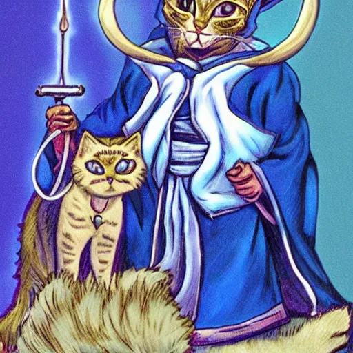 Prompt: a cat wizard wearing blue robes in the style of arcane