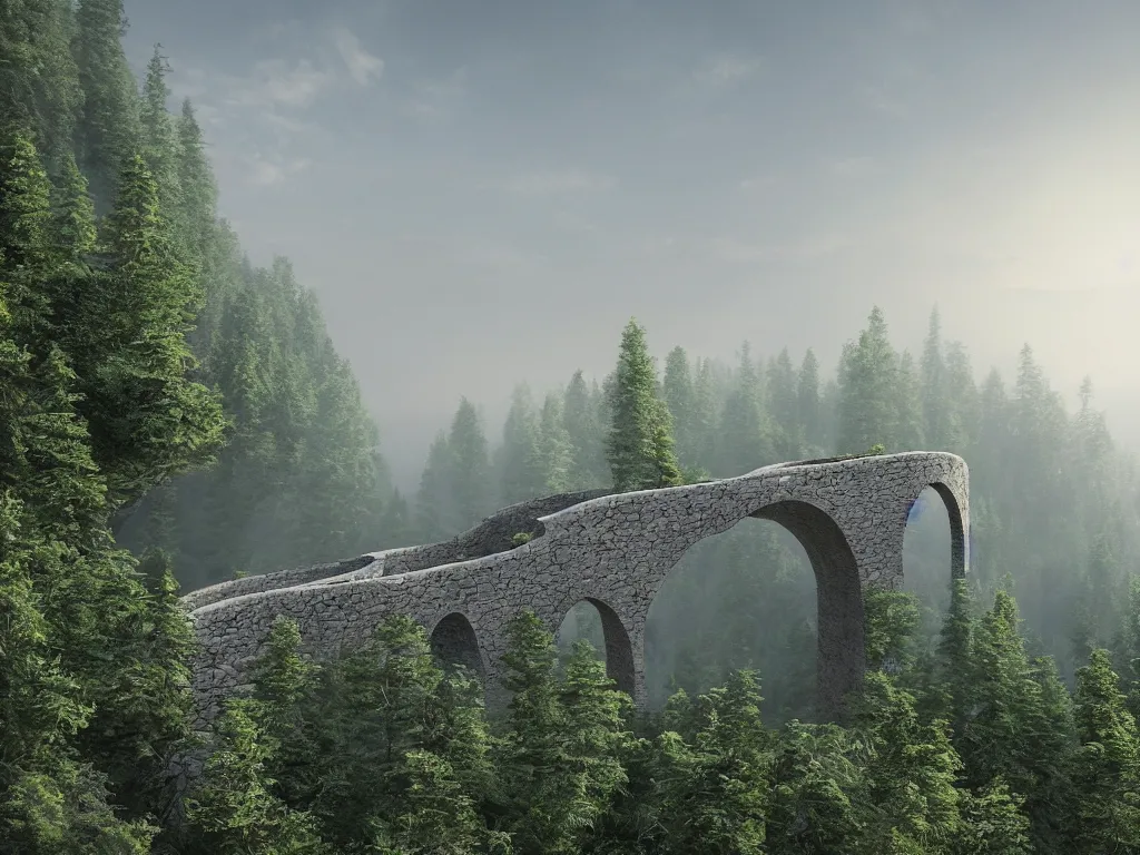 Prompt: A beautiful matte drawing of a small ellipse-shaped building with rounded windows, standing on a large cliff near a coniferous forest. A very thin stone bridge goes over the cliff. View from afar, photorealism, fog, 8k, 16k