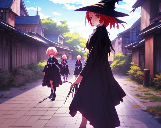 Image similar to key anime visual portrait of a young female witch walking through a busy fantasy village, ilya kuvshinov, dynamic pose, dynamic perspective, cinematic, dramatic lighting, muted colors, detailed silhouette, textured, anime proportions, kyoto animation, haibane renmei, niea under 7, yoh yoshinari